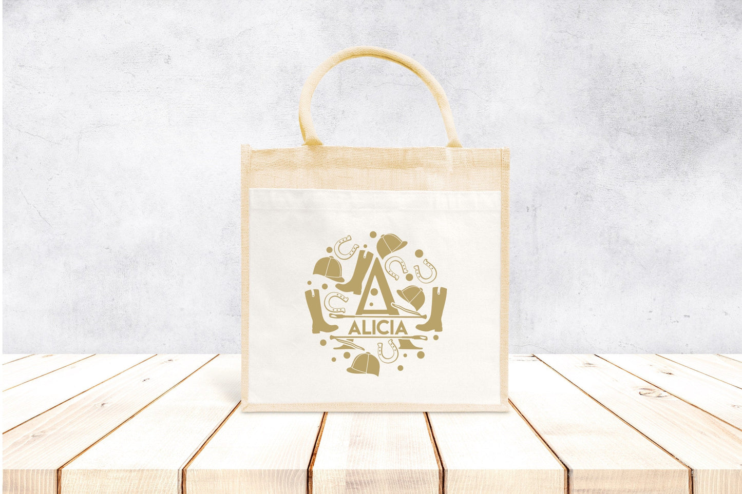 Sac Cabas toile et jute enfant personnalisé, Cadeau enfant prénom, Cadeau anniversaire enfant, Sac équitation
