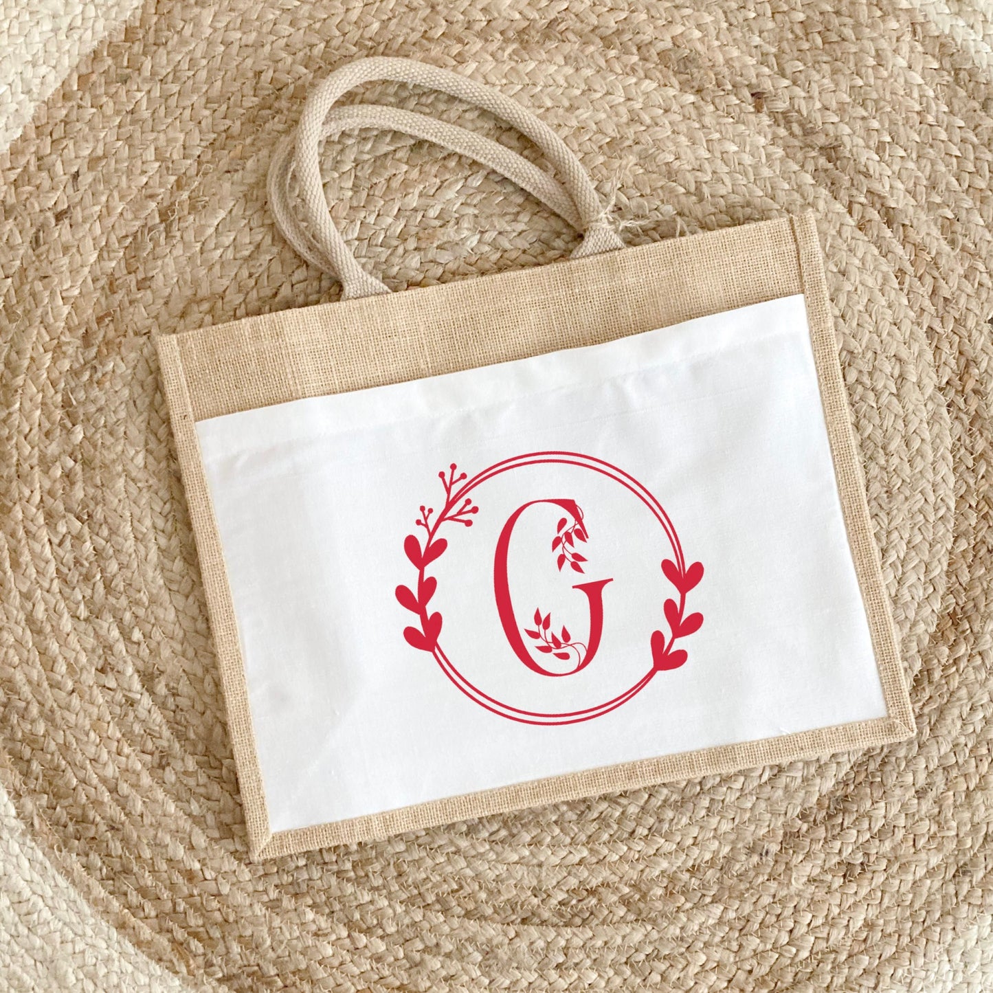 Sac en jute et coton personnalisé Lettre Florale Personnalisé, Sac toile Cabas, Sac fourre-tout, Sac initiale personnalisé, cadeau femme