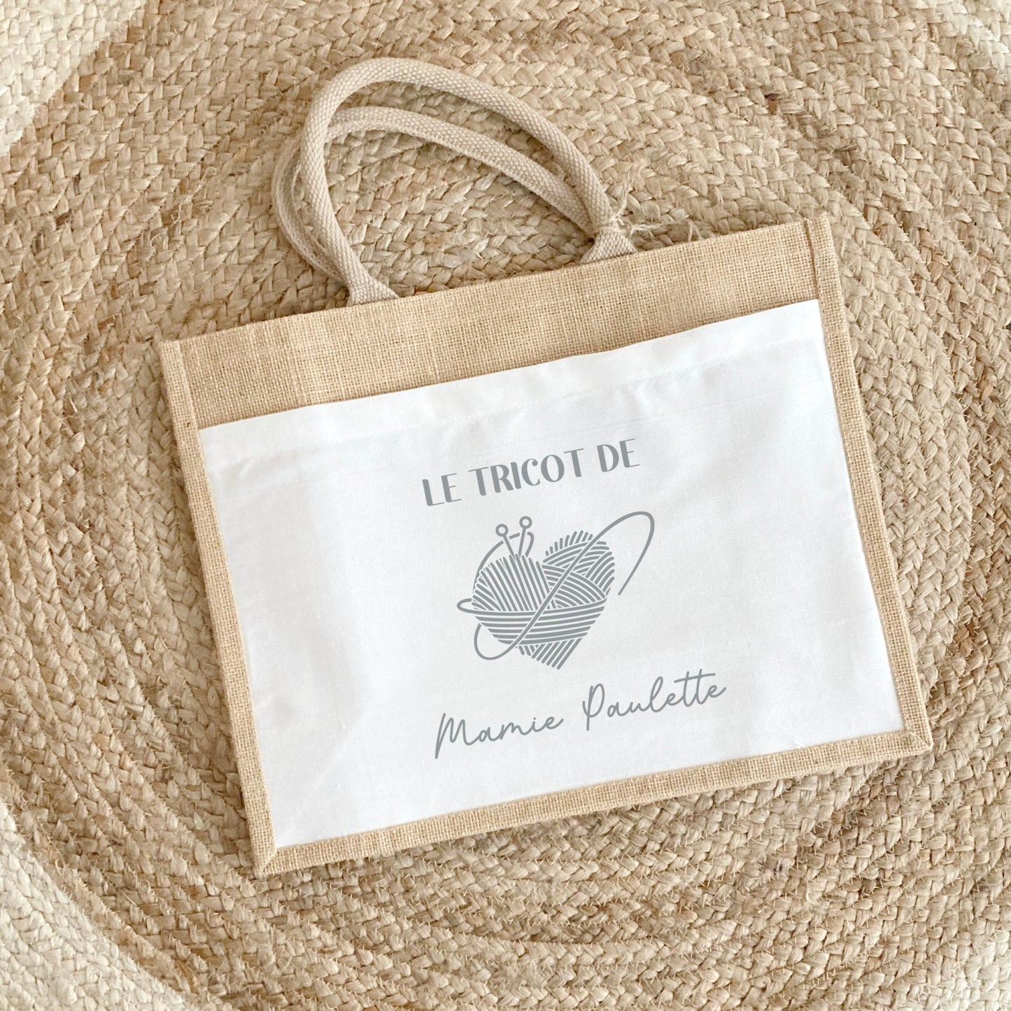 Sac en jute et coton personnalisé, sac cabas personnalisé, Cadeau mamie personnalisé, Sac à tricot, Fêtes des grand mères