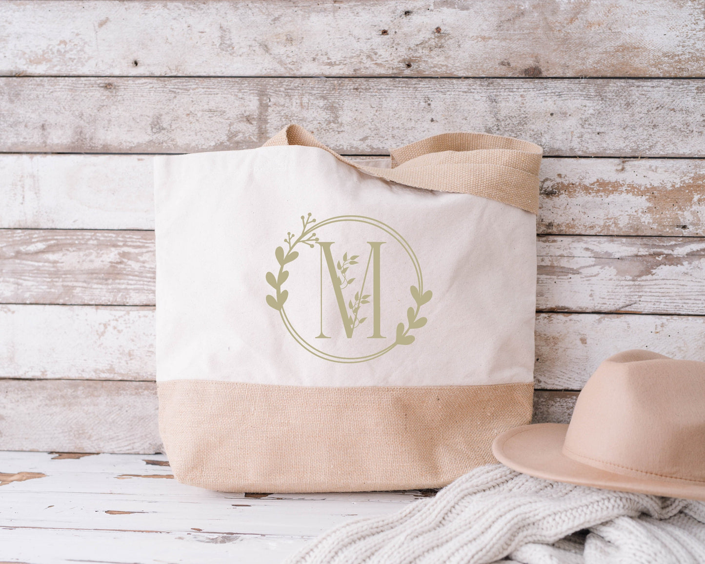 Sac en jute et coton Lettre Florale Personnalisé, Sac toile Cabas, Sac fourre-tout, Sac initiale personnalisé, cadeau femme