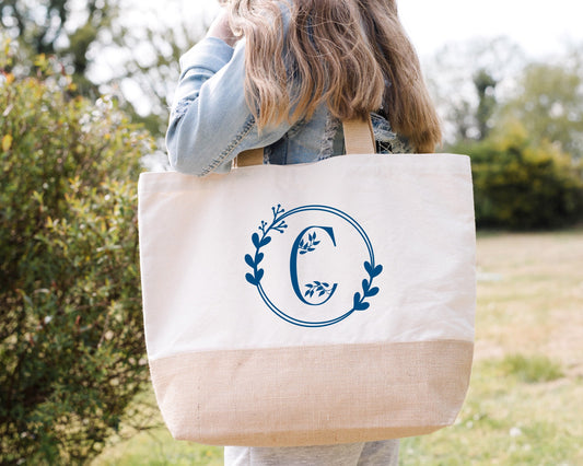 Cabas Jute Coton Initiale Florale Personnalisé, Cadeau Personnalisé Femme, Sac Monogramme Lettre, Idée Cadeau Marraine