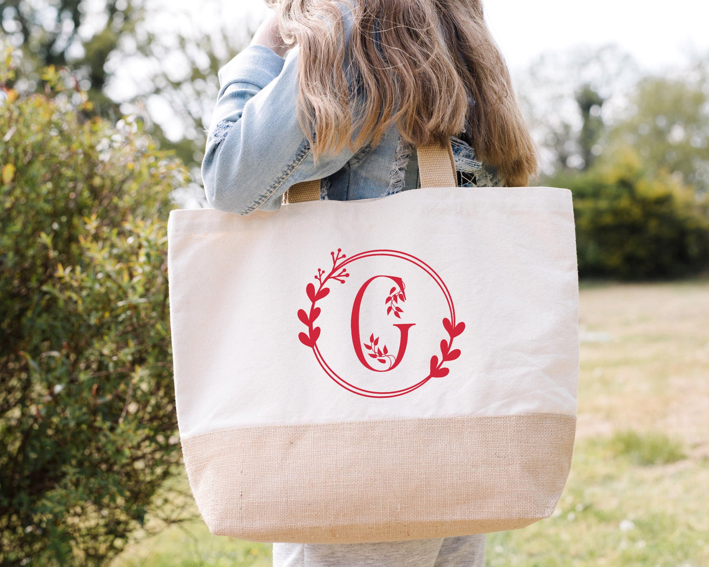 Sac en jute et coton Lettre Florale Personnalisé, Sac toile Cabas, Sac fourre-tout, Sac initiale personnalisé, cadeau femme