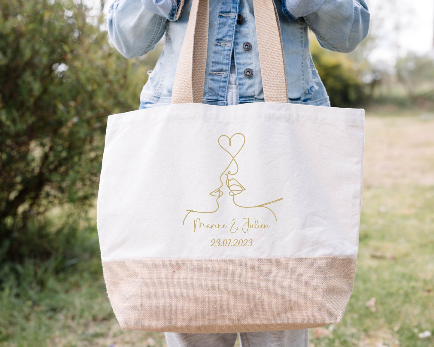Sac en jute et coton personnalisé mariage, Sac EVJF, Sac de la mariée, Cabas personnalisé mariage