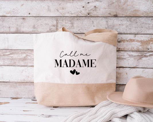 Sac en jute et coton personnalisé mariage, Sac fourre-tout Appelez moi madame, Sac evjf, Sac de la mariée, Cabas personnalisé mariage