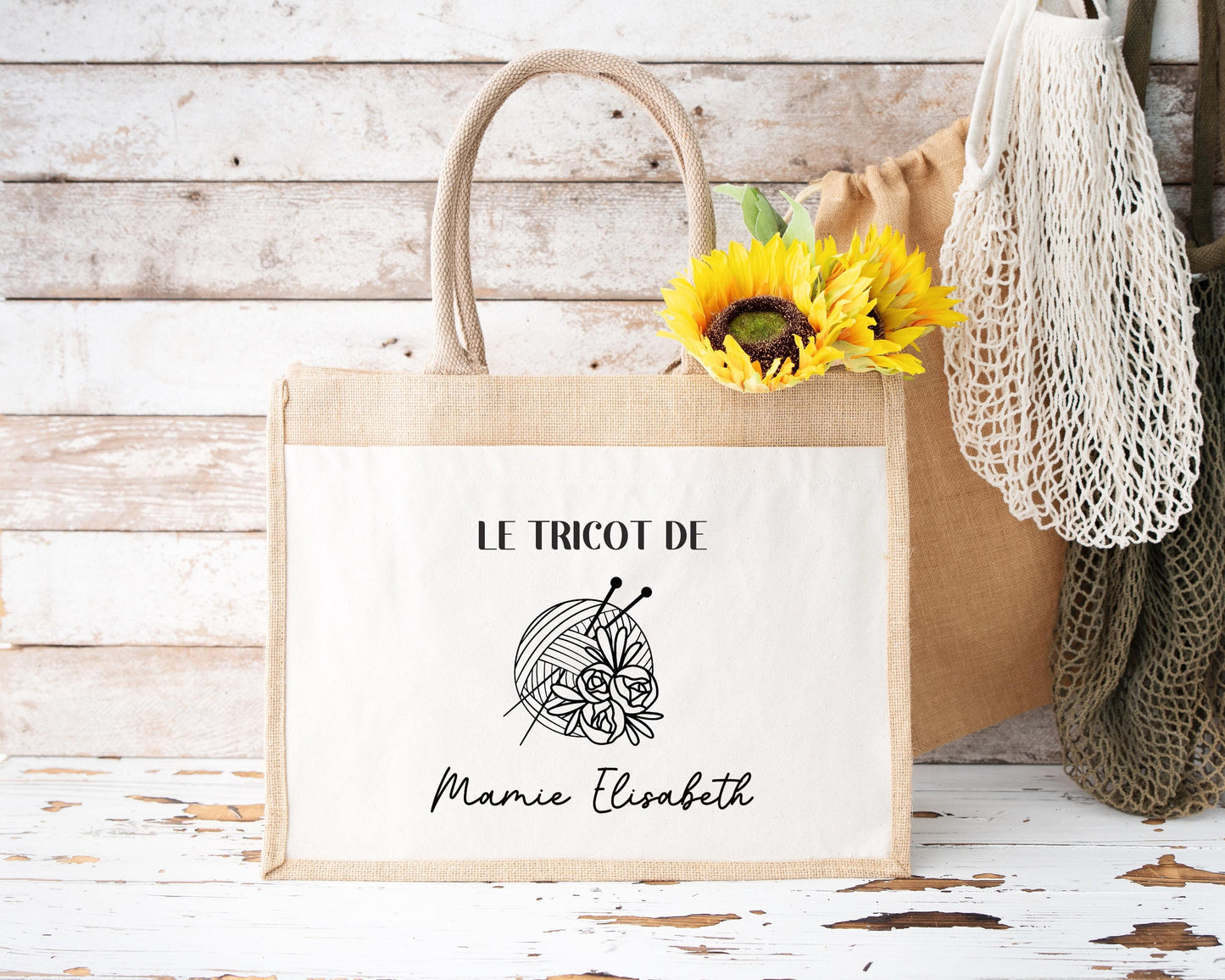Sac en jute et coton personnalisé, sac cabas personnalisé, Cadeau mamie personnalisé, Sac à tricot, Fêtes des grand mères