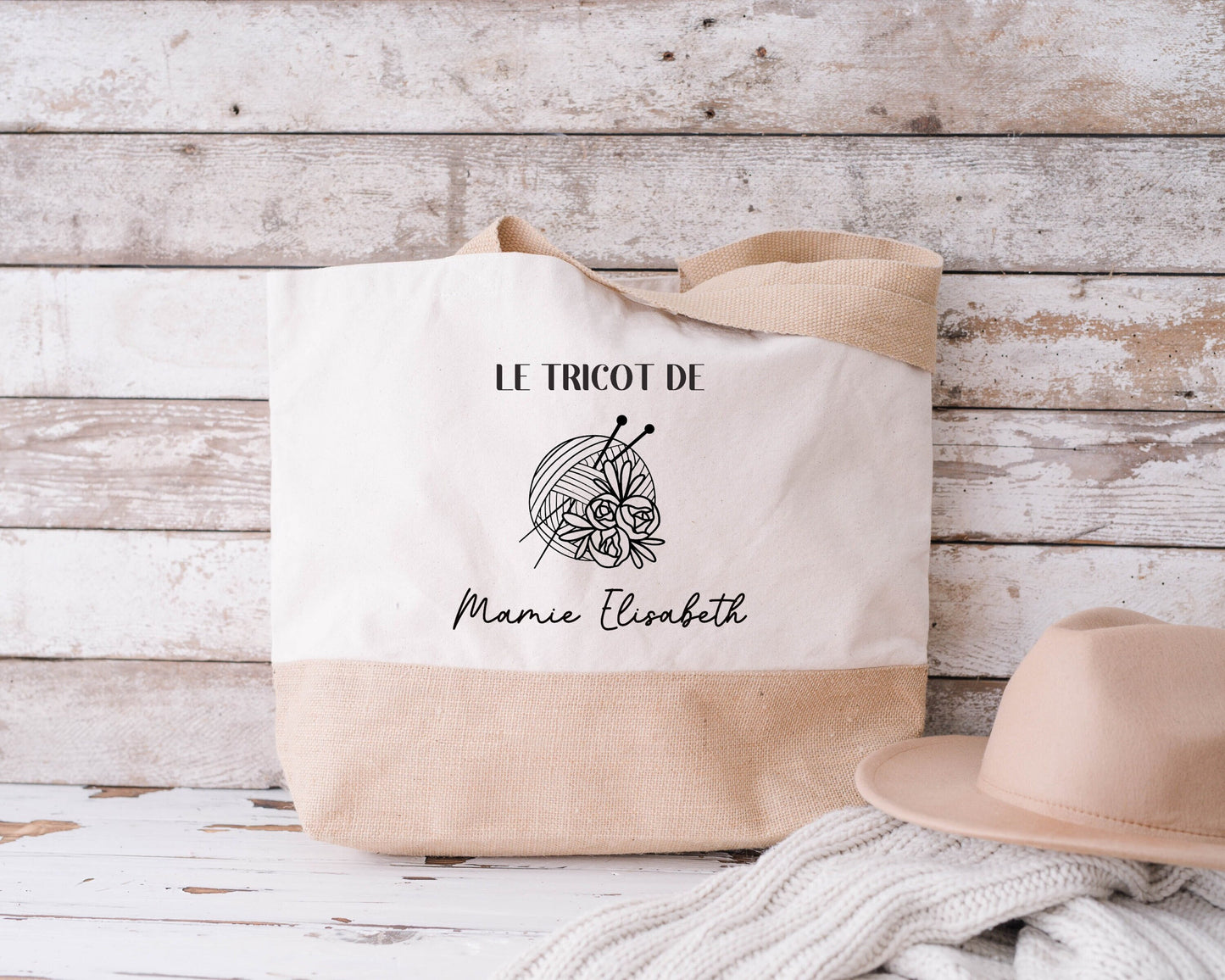 Sac en jute et coton personnalisé, sac cabas personnalisé, Cadeau mamie personnalisé, Sac à tricot, Fêtes des grand mères