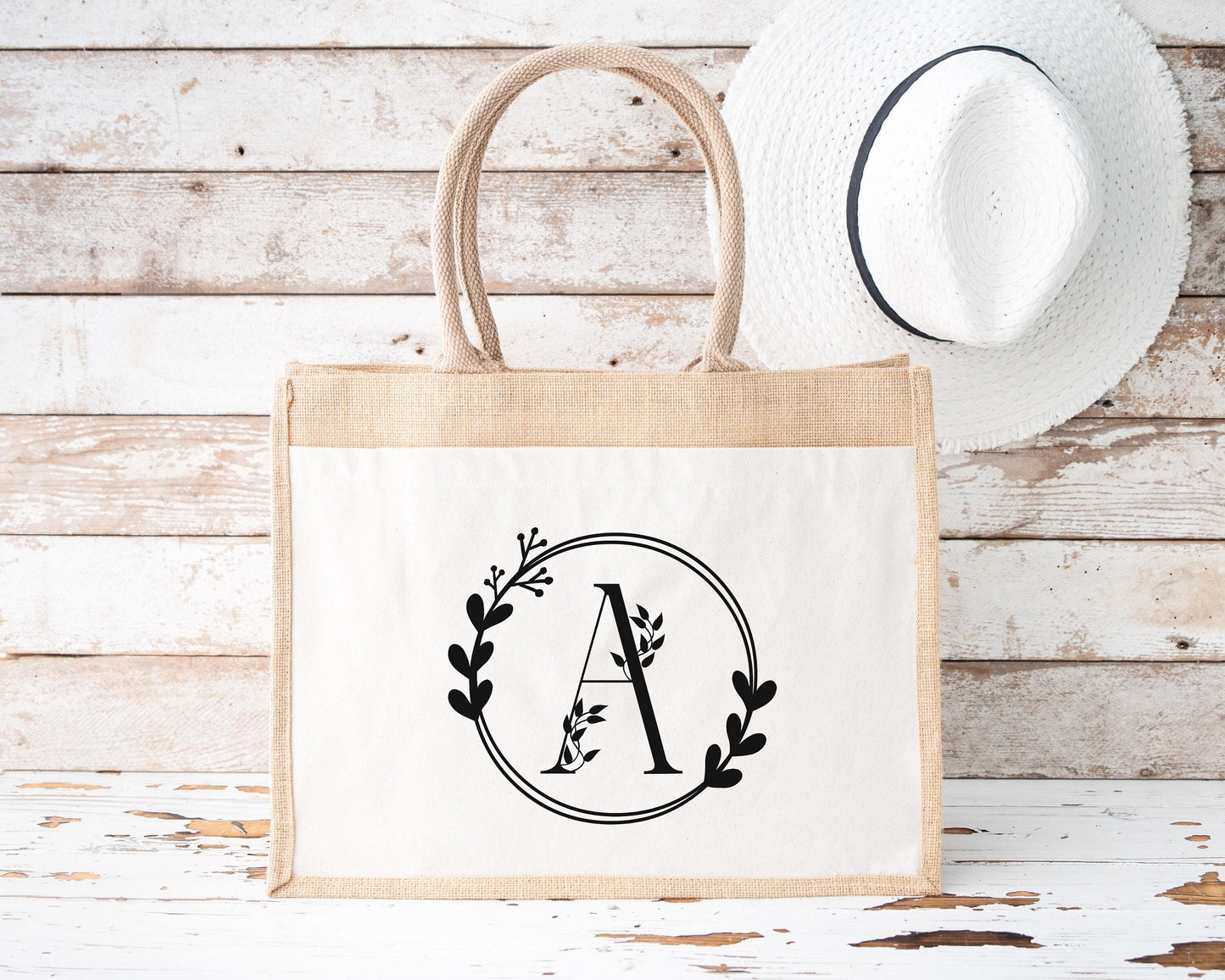 Sac en jute et coton personnalisé Lettre Florale Personnalisé, Sac toile Cabas, Sac fourre-tout, Sac initiale personnalisé, cadeau femme