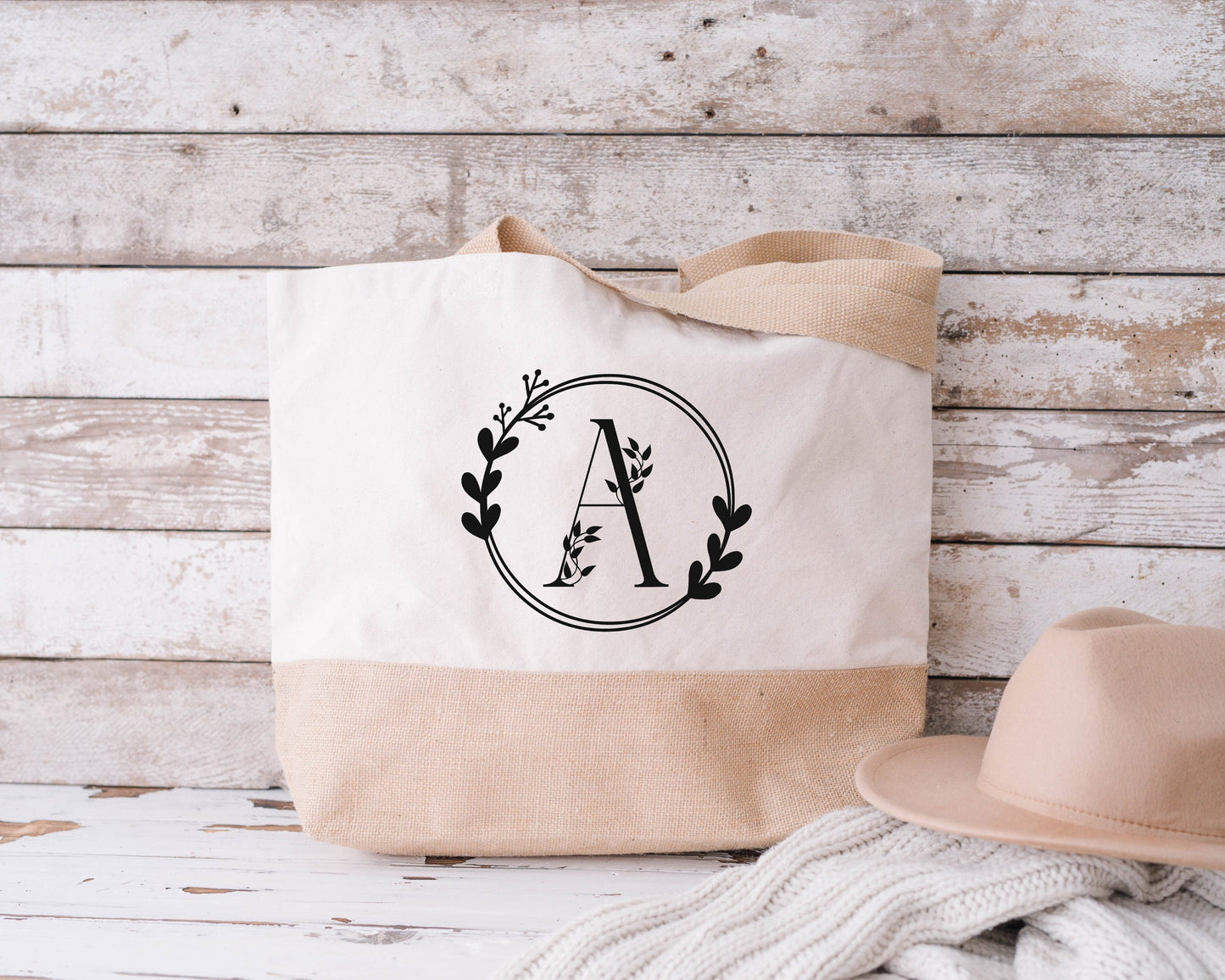 Sac en jute et coton Lettre Florale Personnalisé, Sac toile Cabas, Sac fourre-tout, Sac initiale personnalisé, cadeau femme