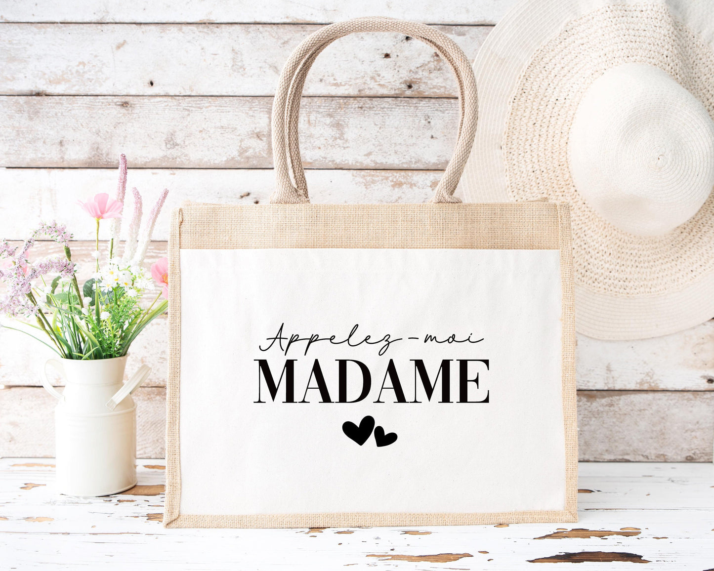 Sac en jute et coton personnalisé mariage, Sac fourre-tout Appelez moi madame, Sac evjf, Sac de la mariée, Cabas personnalisé mariage