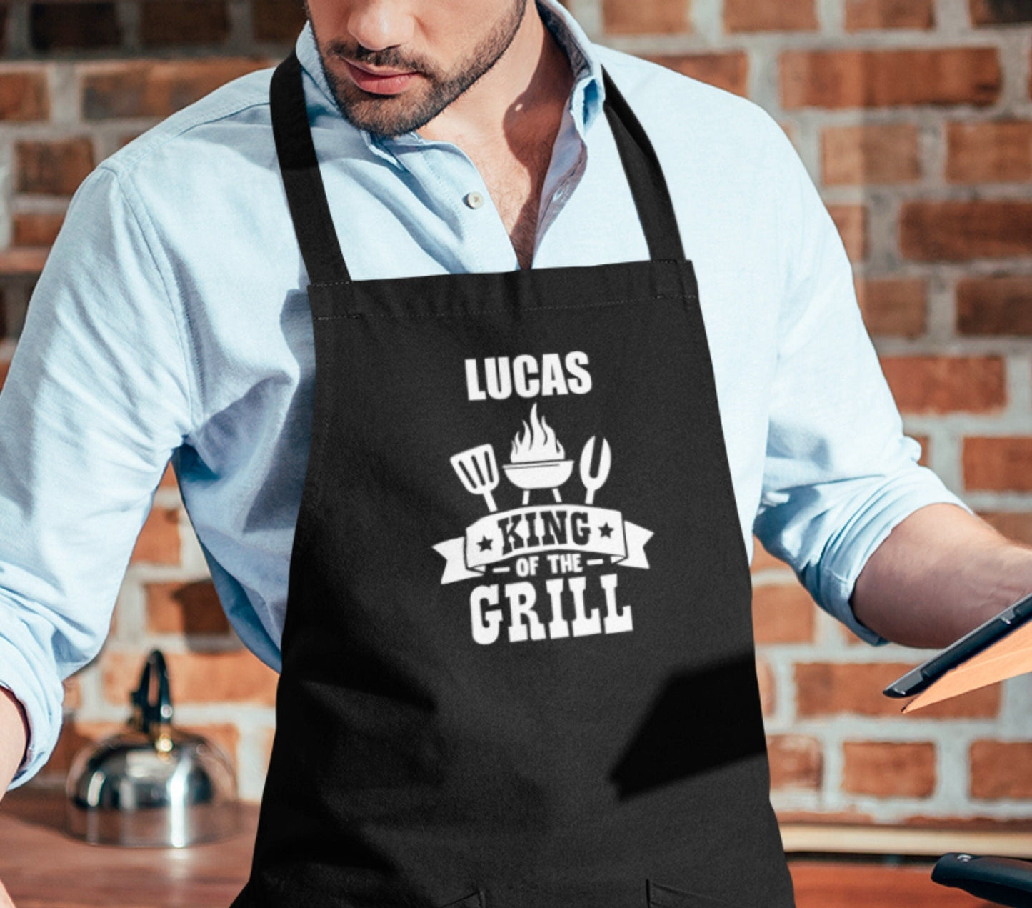 Tablier barbecue personnalisé avec prénom, Cadeau pour barbecue, Fêtes des pères, Cadeau papa