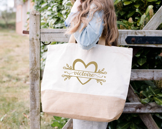 Grand sac jute coton personnalisé XL, Sac de plage prénom, Cadeau maman personnalisé, Sac cabas coeur, Sac de semaine original