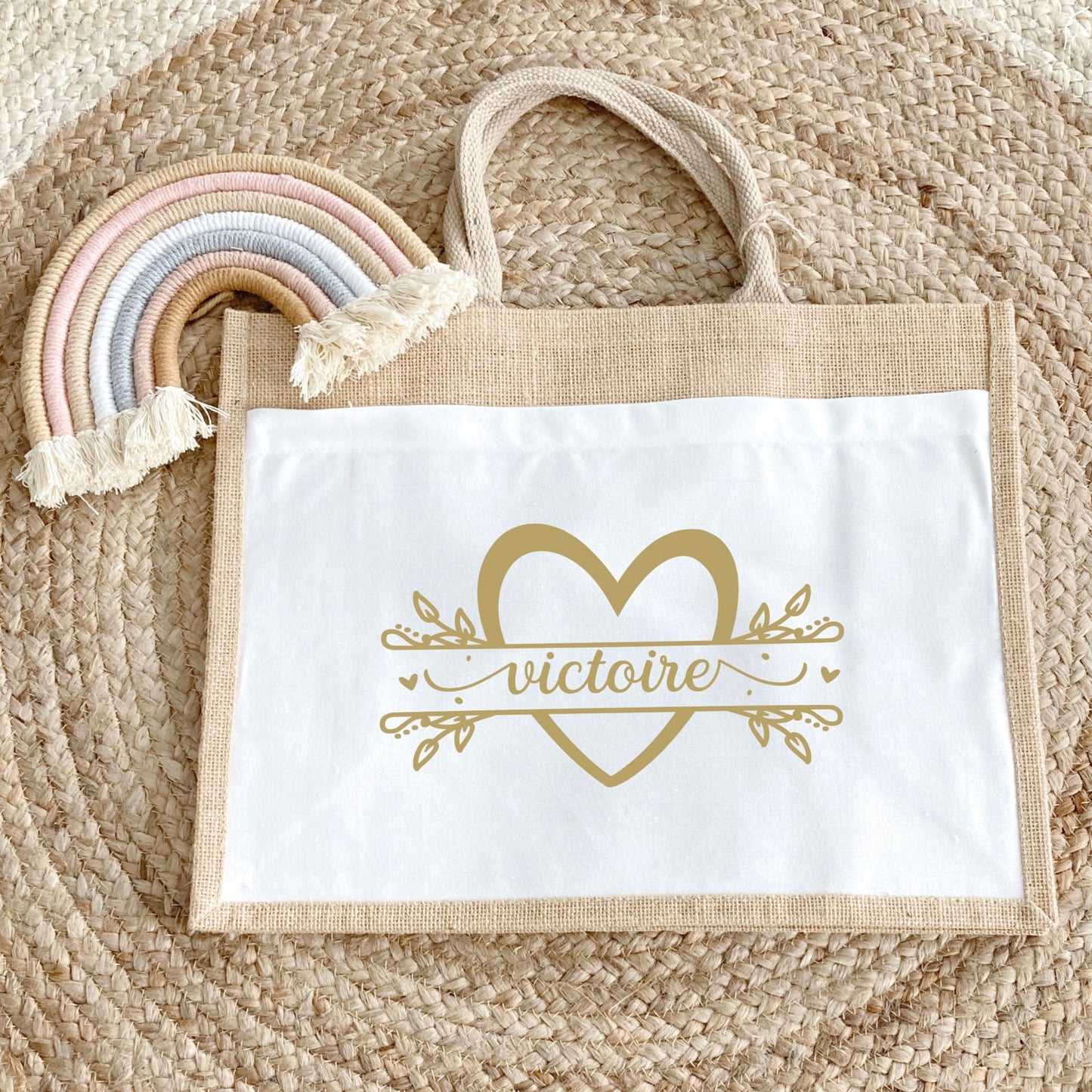 Sac prénom en jute et coton personnalisé, sac cabas personnalisé, Cabas en toile de jute, Sac personnalisé, Cadeau femme personnalisé