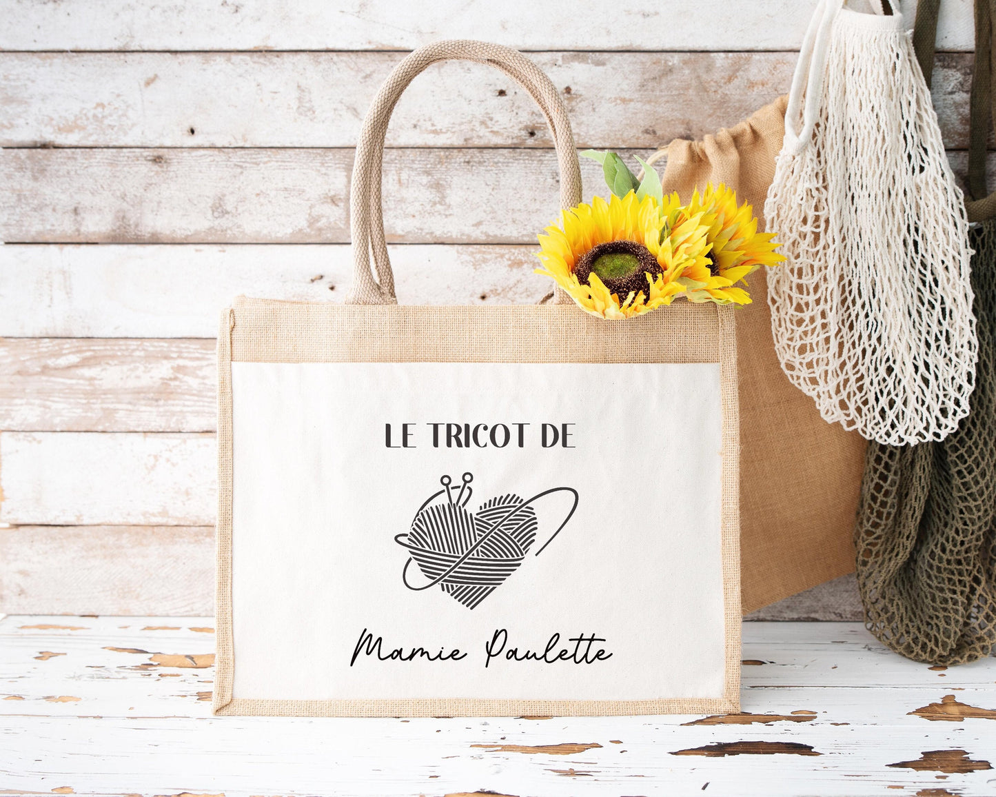 Sac en jute et coton personnalisé, sac cabas personnalisé, Cadeau mamie personnalisé, Sac à tricot, Fêtes des grand mères