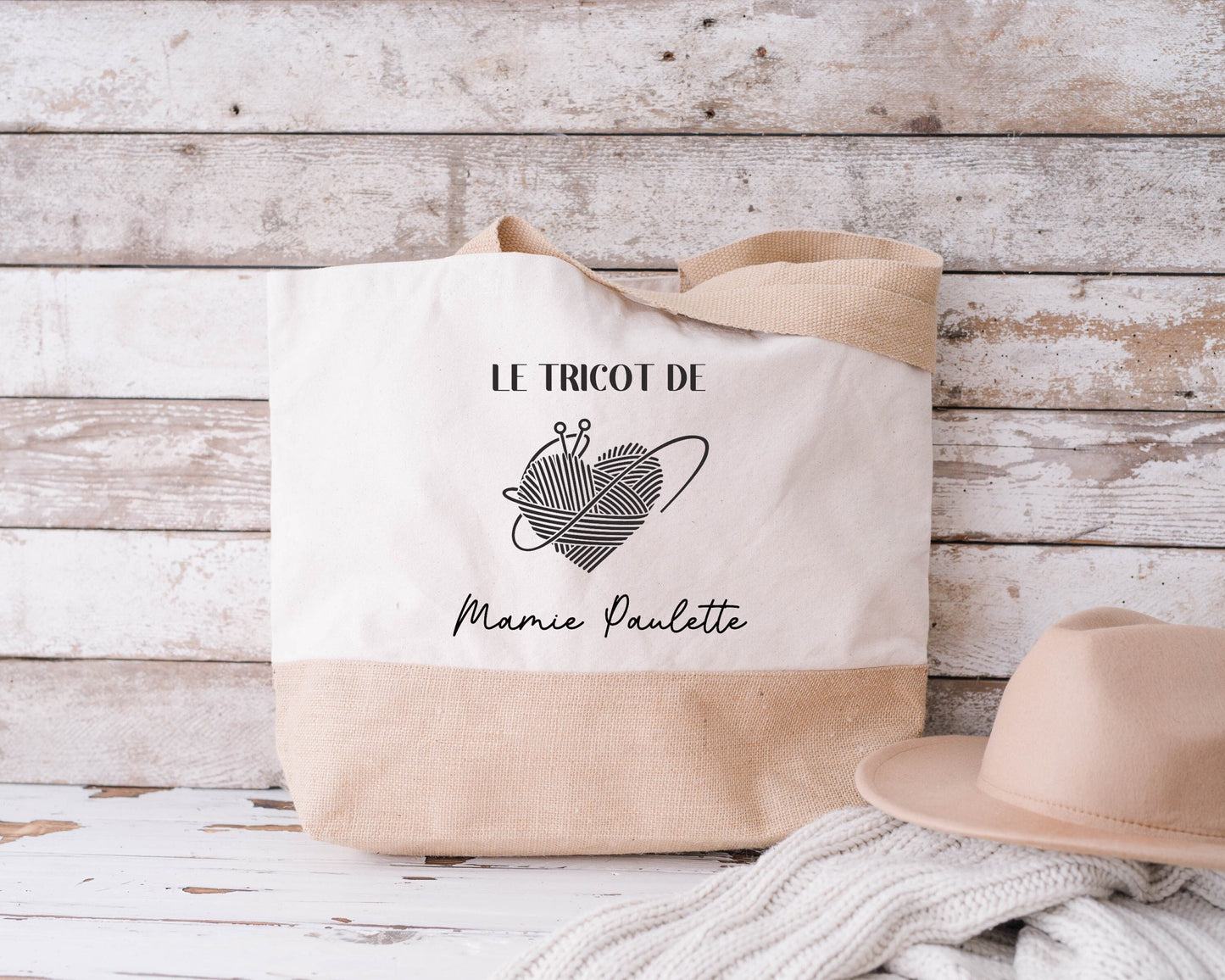 Sac en jute et coton personnalisé, sac cabas personnalisé, Cadeau mamie personnalisé, Sac à tricot, Fêtes des grand mères