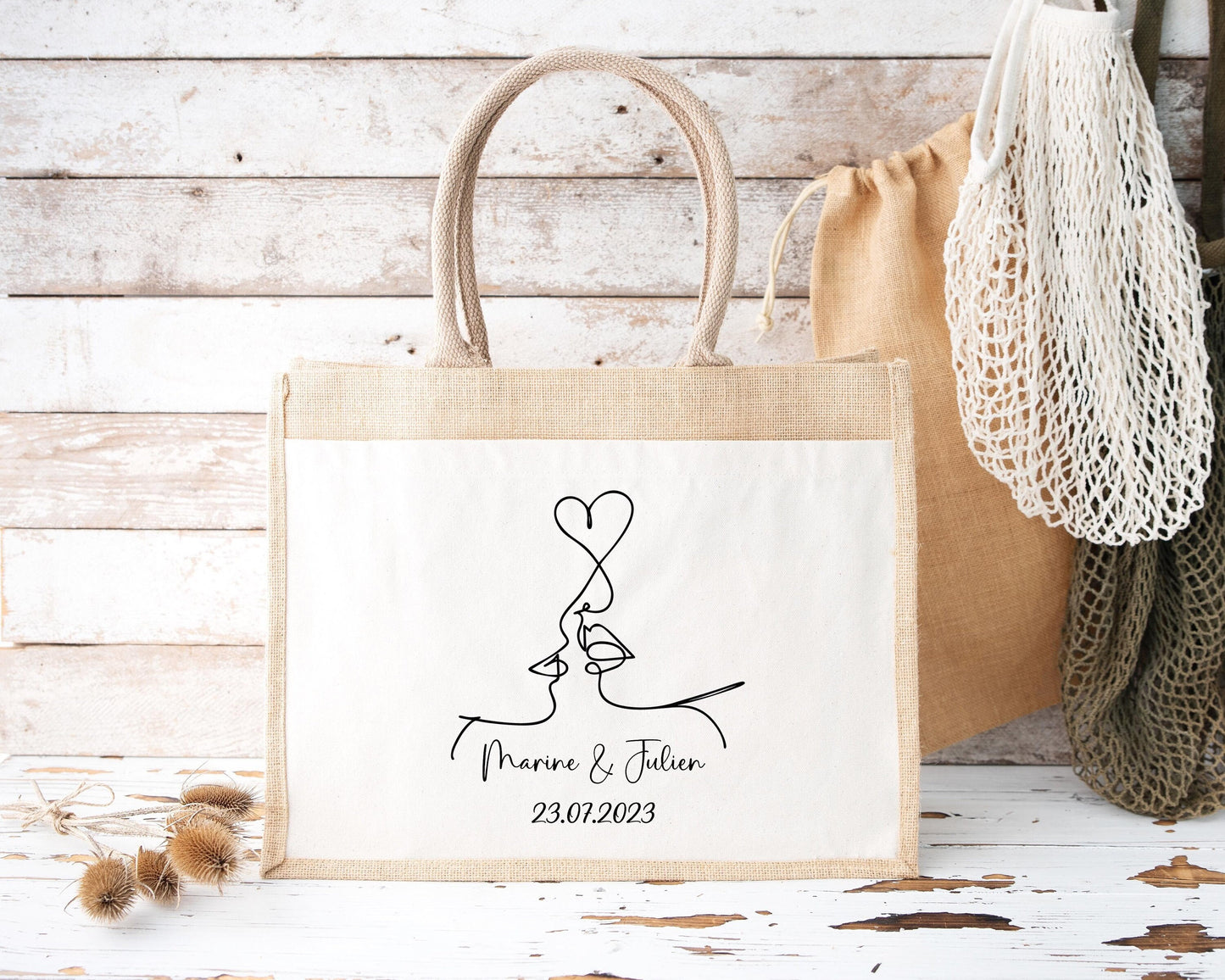 Sac en jute et coton personnalisé mariage, Sac EVJF, Sac de la mariée, Cabas personnalisé mariage