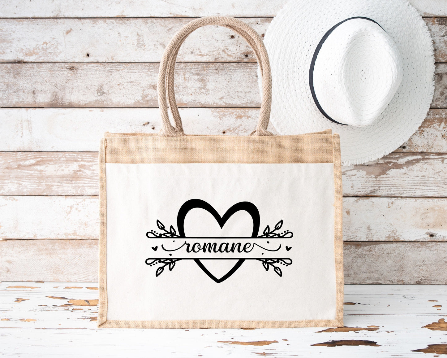 Sac prénom en jute et coton personnalisé, sac cabas personnalisé, Cabas en toile de jute, Sac personnalisé, Cadeau femme personnalisé