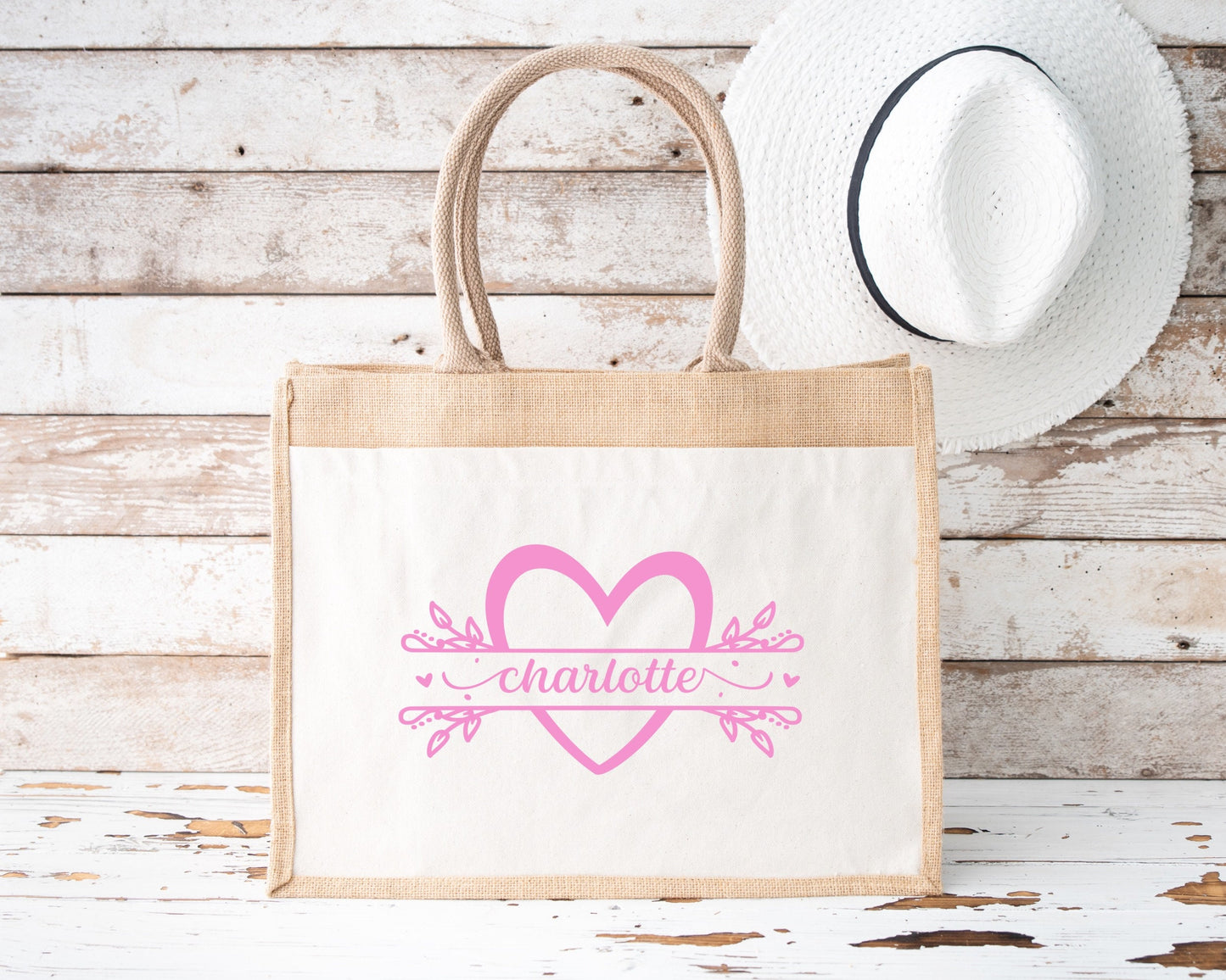 Sac prénom en jute et coton personnalisé, sac cabas personnalisé, Cabas en toile de jute, Sac personnalisé, Cadeau femme personnalisé