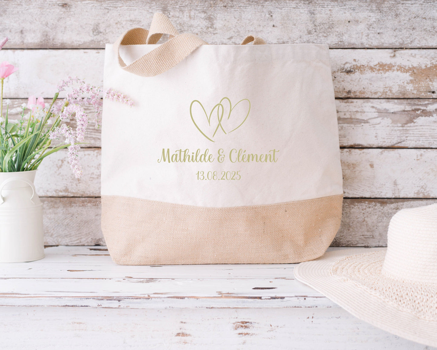 Sac en jute et coton personnalisé mariage, Sac EVJF, Sac de la mariée, Cabas personnalisé mariage
