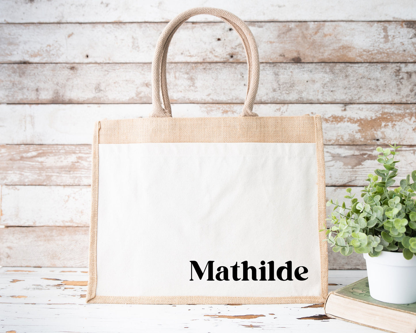 Sac en jute et coton personnalisé, sac cabas personnalisé, Cabas en toile de jute, Sac personnalisé, Cadeau femme personnalisé