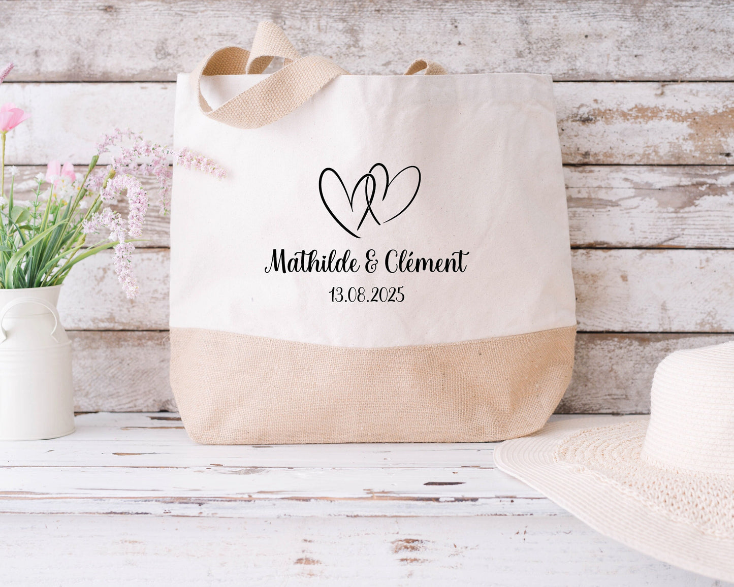 Sac en jute et coton personnalisé mariage, Sac EVJF, Sac de la mariée, Cabas personnalisé mariage