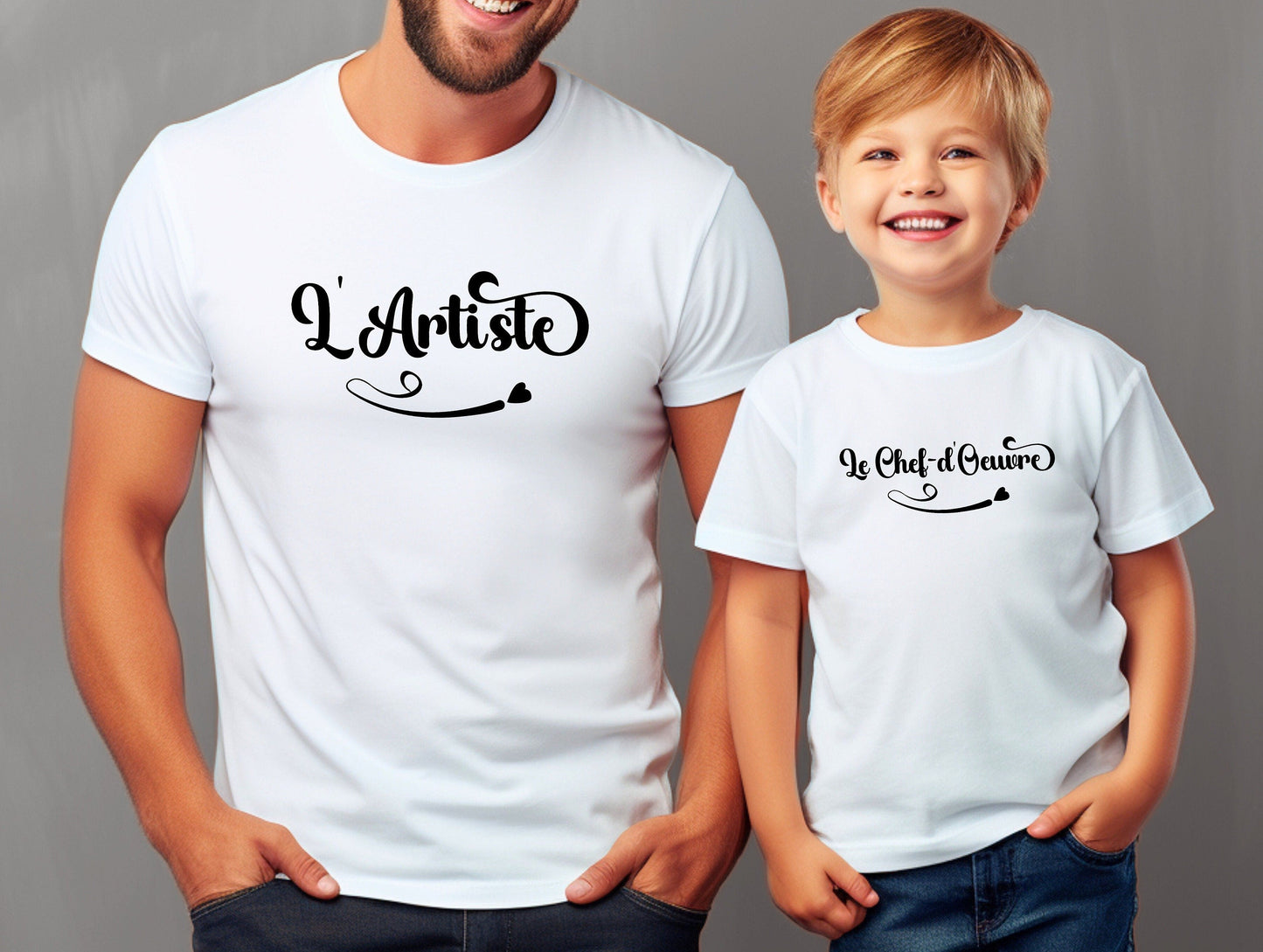 Duo de T-Shirts "L'Artiste, Le Chef d'Oeuvre", T-Shirts Assortis pour Maman Papa et Enfant, Cadeau Maman et Papa