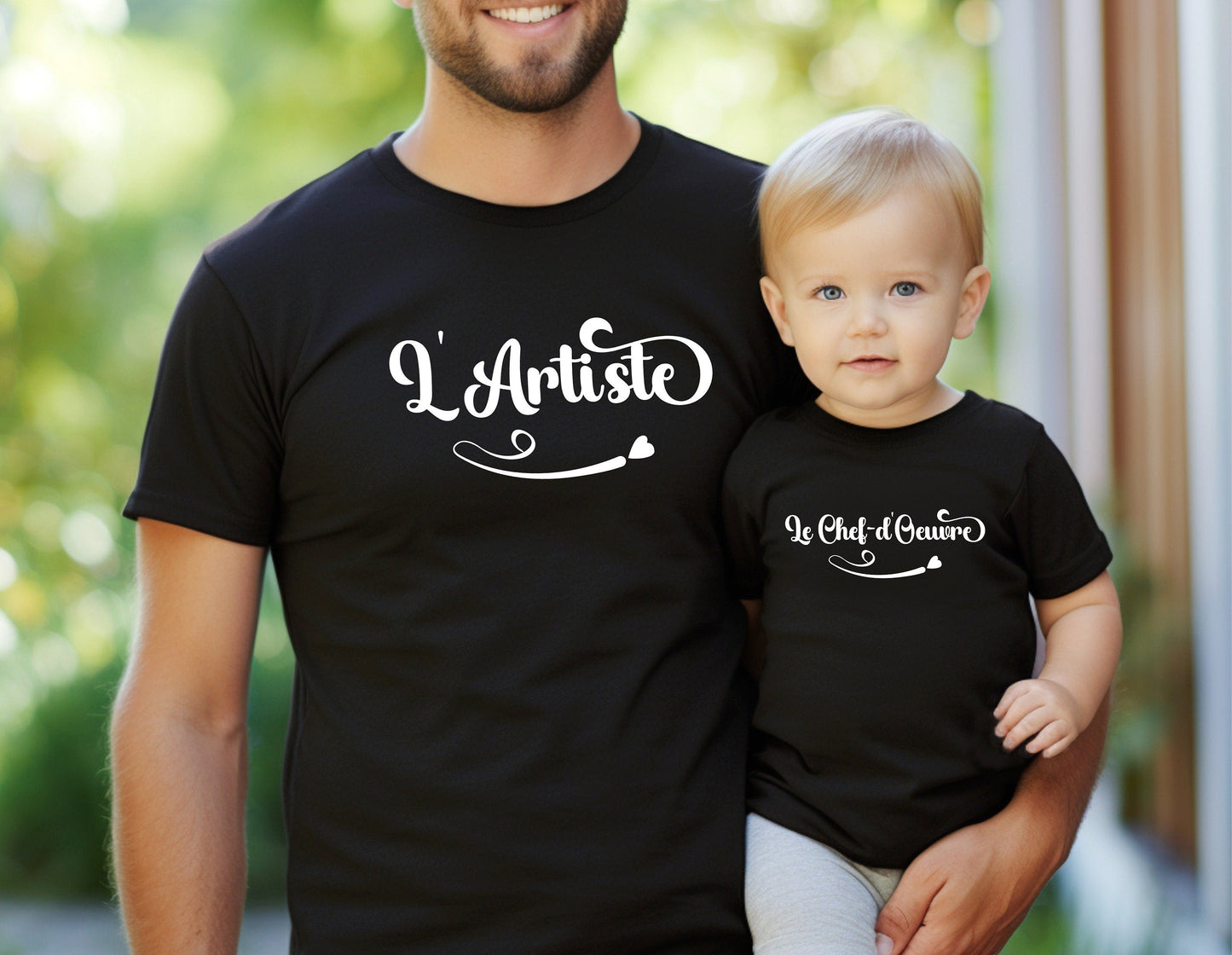 Duo de T-Shirts "L'Artiste, Le Chef d'Oeuvre", T-Shirts Assortis pour Maman Papa et Enfant, Cadeau Maman et Papa