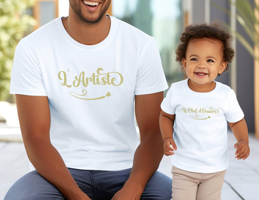 Duo de T-Shirts "L'Artiste, Le Chef d'Oeuvre", T-Shirts Assortis pour Maman Papa et Enfant, Cadeau Maman et Papa