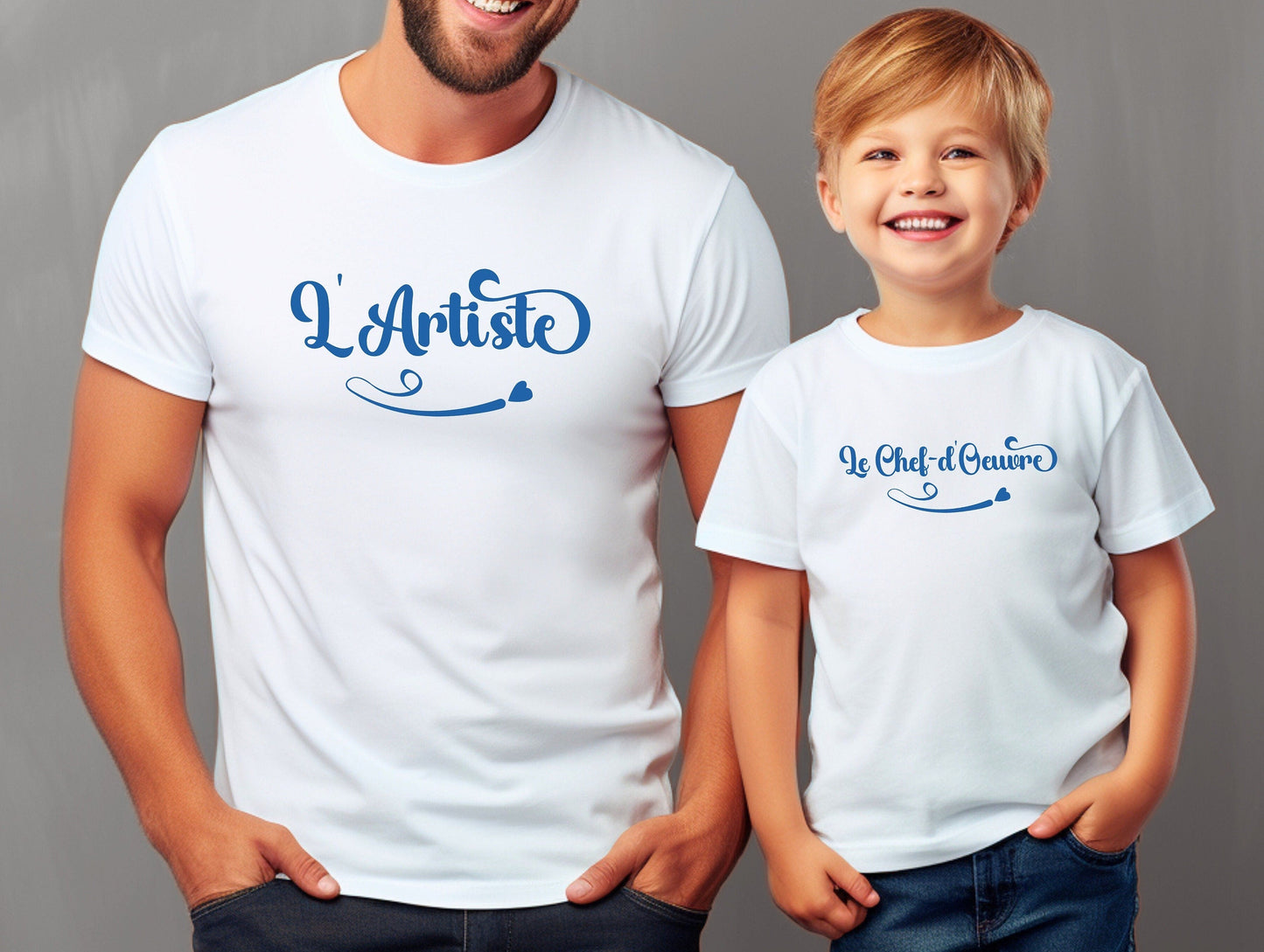 Duo de T-Shirts "L'Artiste, Le Chef d'Oeuvre", T-Shirts Assortis pour Maman Papa et Enfant, Cadeau Maman et Papa
