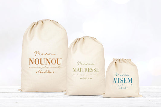 Pochon personnalisé, Sac à cordons, Cadeau nounou, Cadeau maîtresse, Prénom enfant