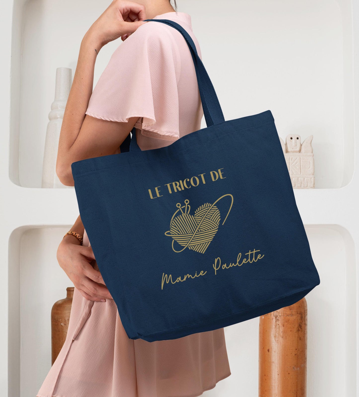 Cabas Personnalisé en coton, Sac fourre-tout, Cadeau mamie, Sac à tricot