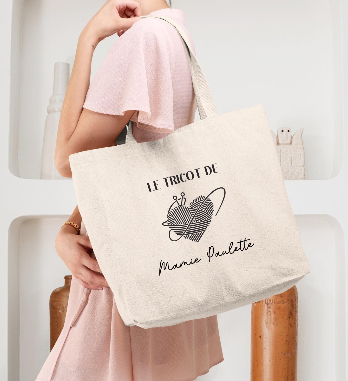 Cabas Personnalisé en coton, Sac fourre-tout, Cadeau mamie, Sac à tricot