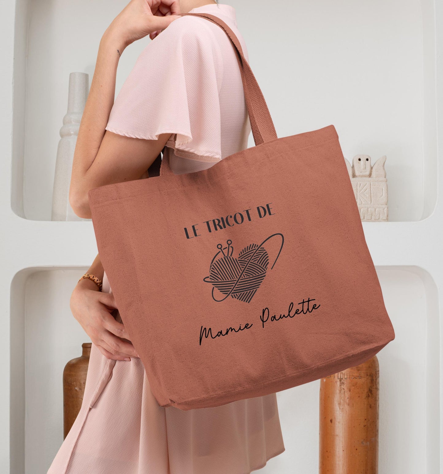 Cabas Personnalisé en coton, Sac fourre-tout, Cadeau mamie, Sac à tricot