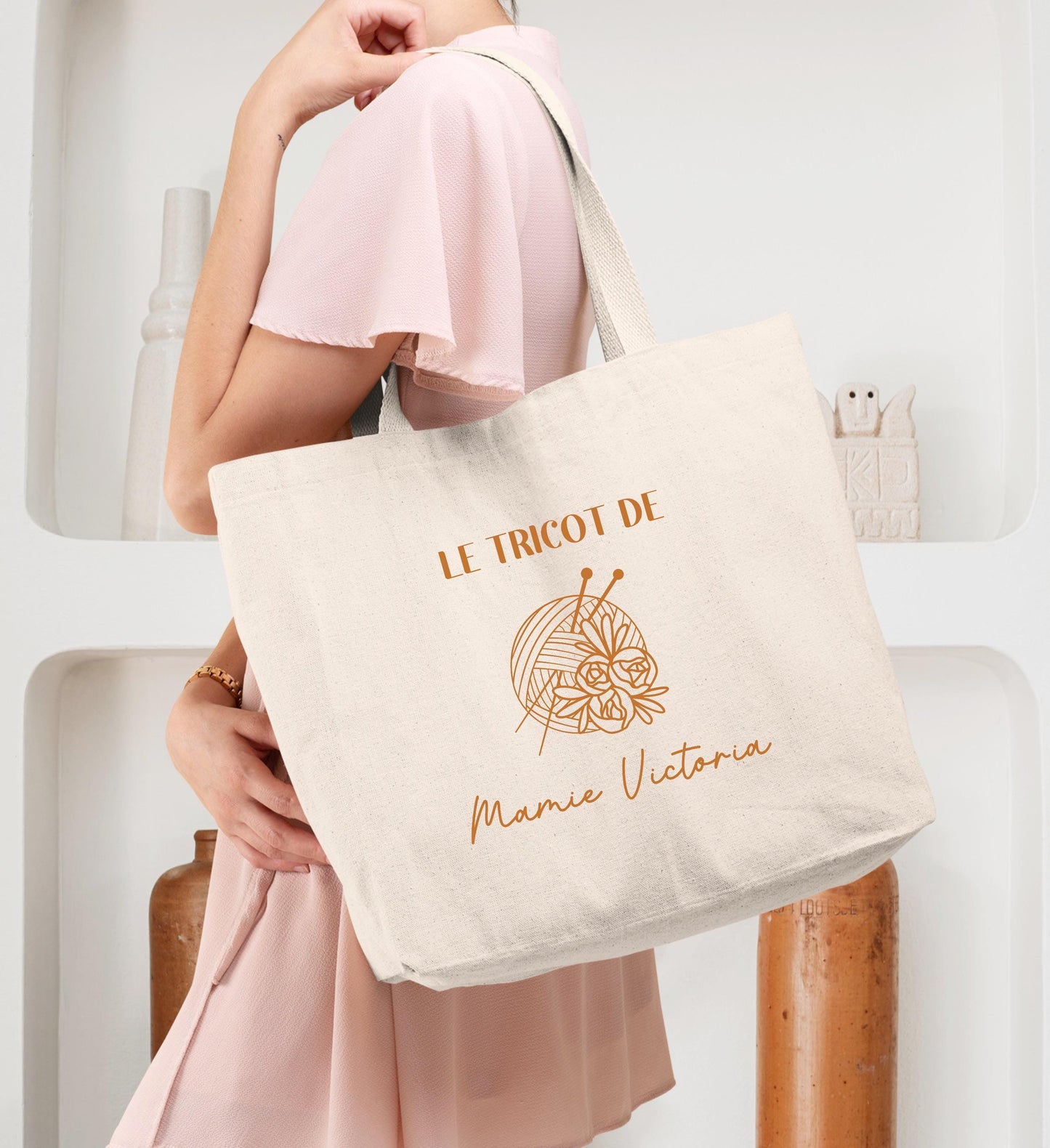 Cabas Personnalisé en coton, Sac fourre-tout, Cadeau mamie, Sac à tricot