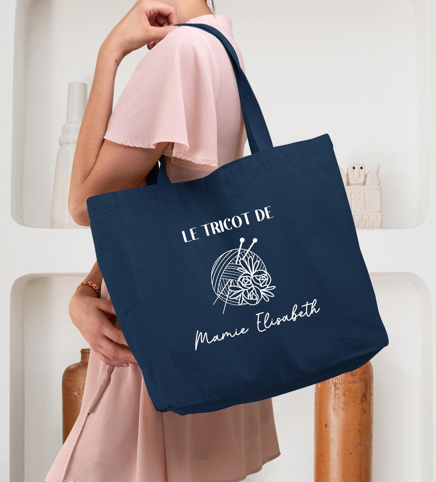 Cabas Personnalisé en coton, Sac fourre-tout, Cadeau mamie, Sac à tricot