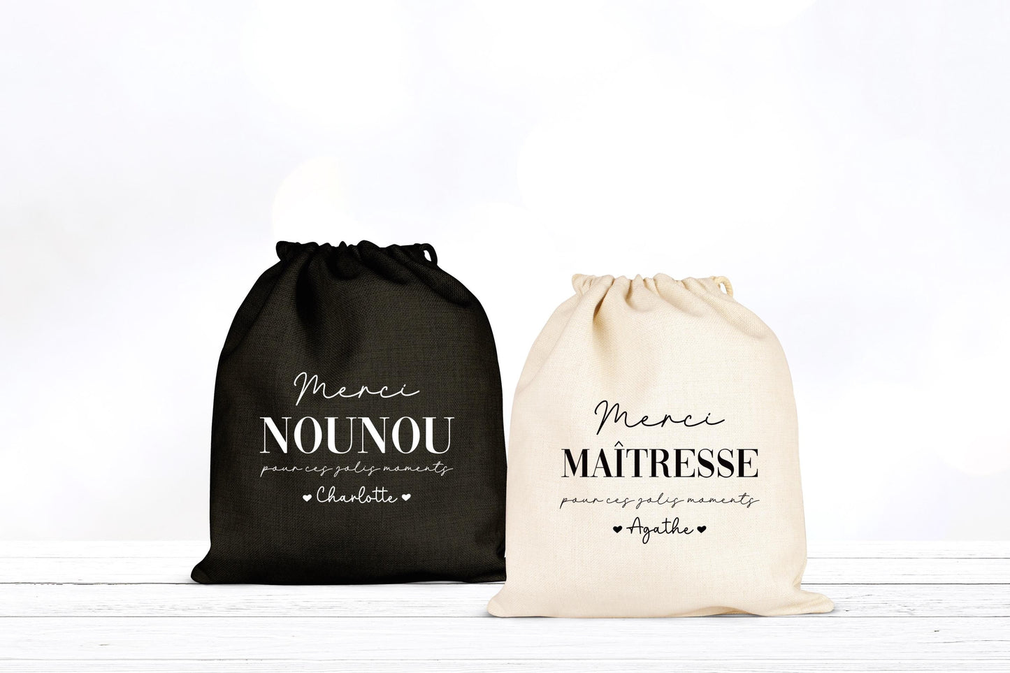 Pochon personnalisé, Sac à cordons, Cadeau nounou, Cadeau maîtresse, Prénom enfant