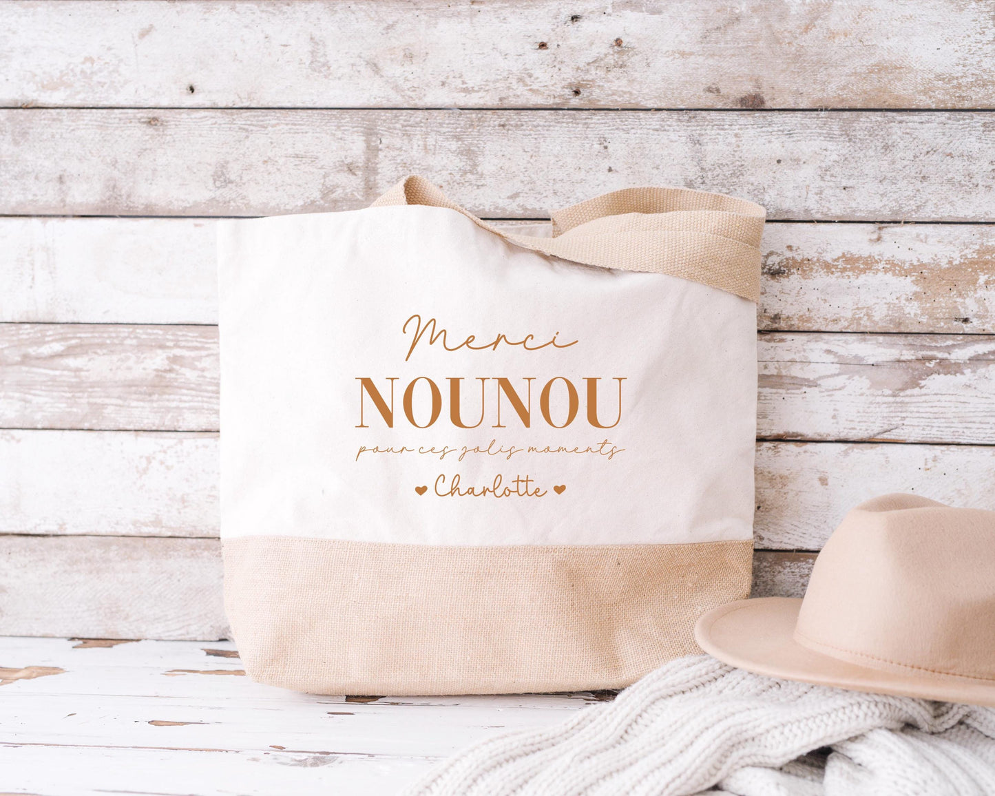 Sac en jute et coton personnalisé, sac cabas personnalisé, Cadeau maîtresse, Cadeau Nounou