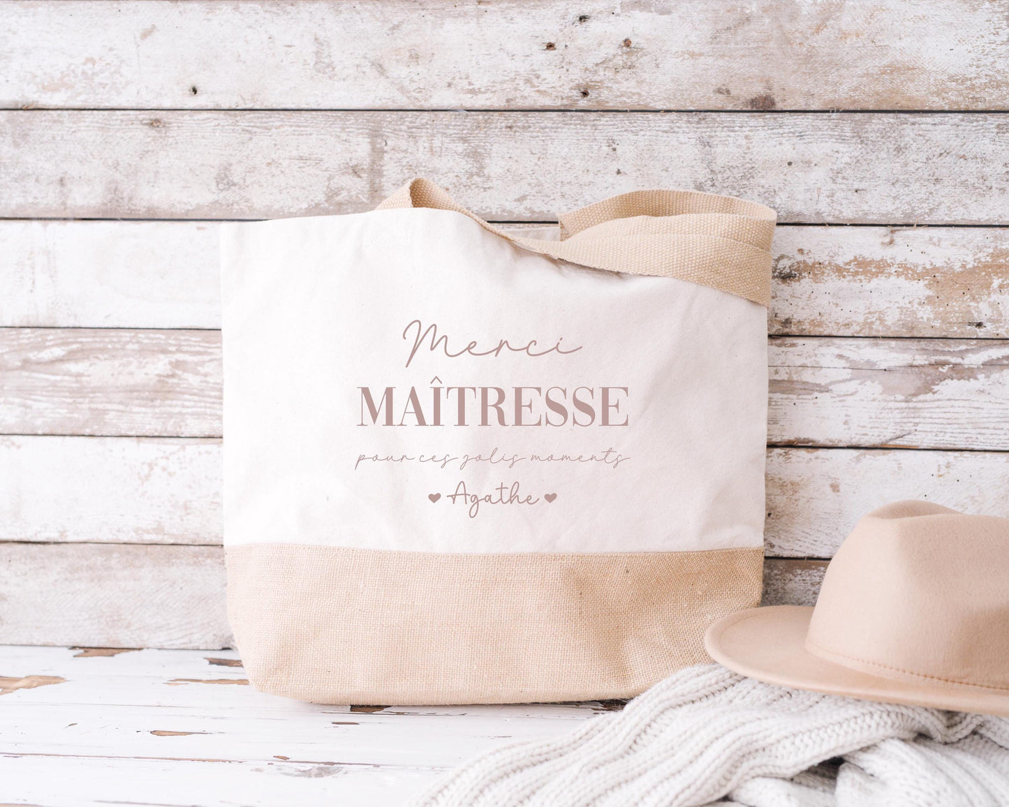 Sac en jute et coton personnalisé, sac cabas personnalisé, Cadeau maîtresse, Cadeau Nounou