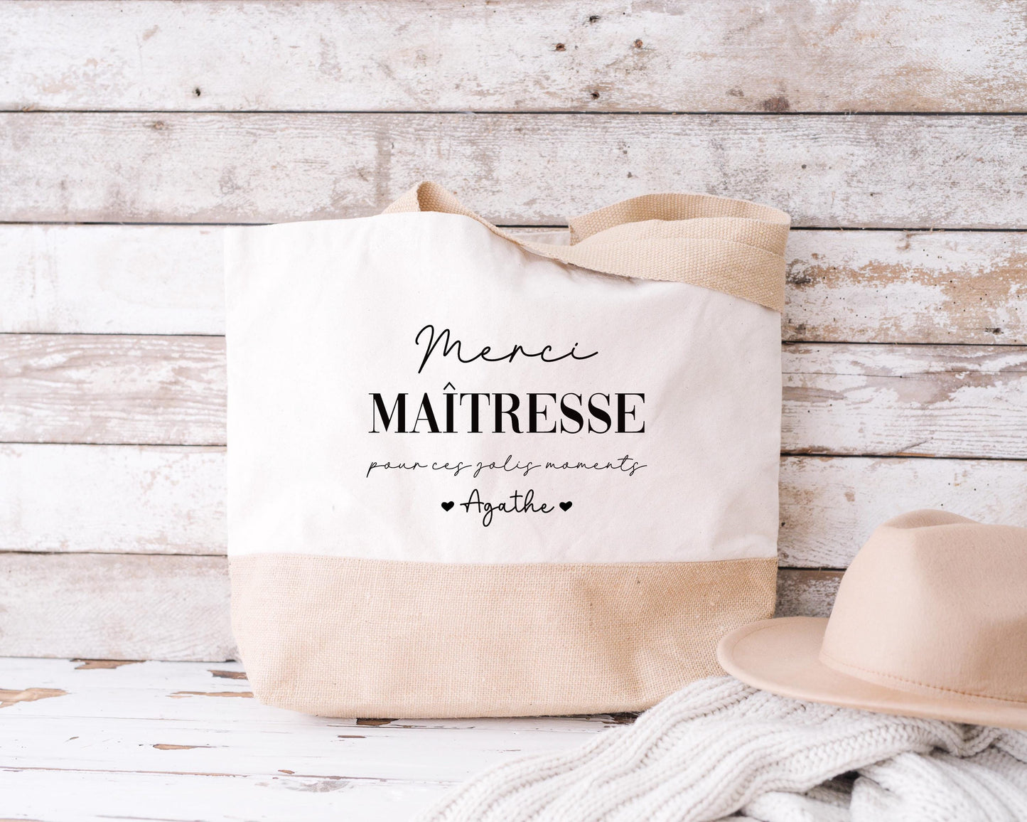 Sac en jute et coton personnalisé, sac cabas personnalisé, Cadeau maîtresse, Cadeau Nounou