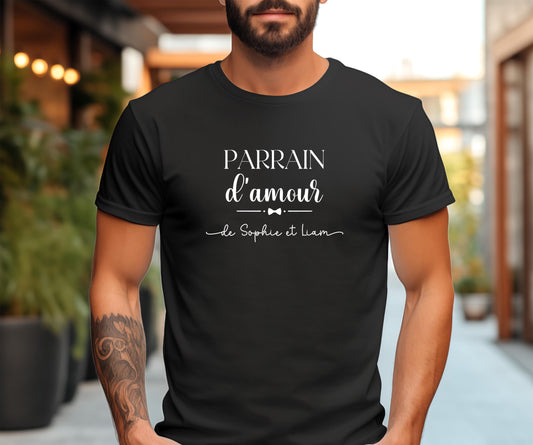 T-shirt Parrain d'Amour Personnalisé, Prénoms Filleuls, Cadeau Baptême, Annonce Parrain