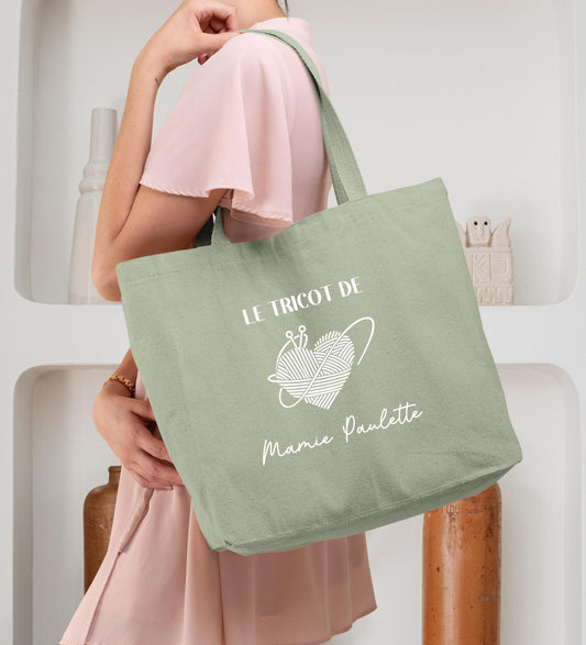 Cabas coton personnalisé, Sac fourre-tout tricoteuse, Cadeau mamie, Sac à tricot pelote laine, Idée cadeau fête des mères, Noël mamie