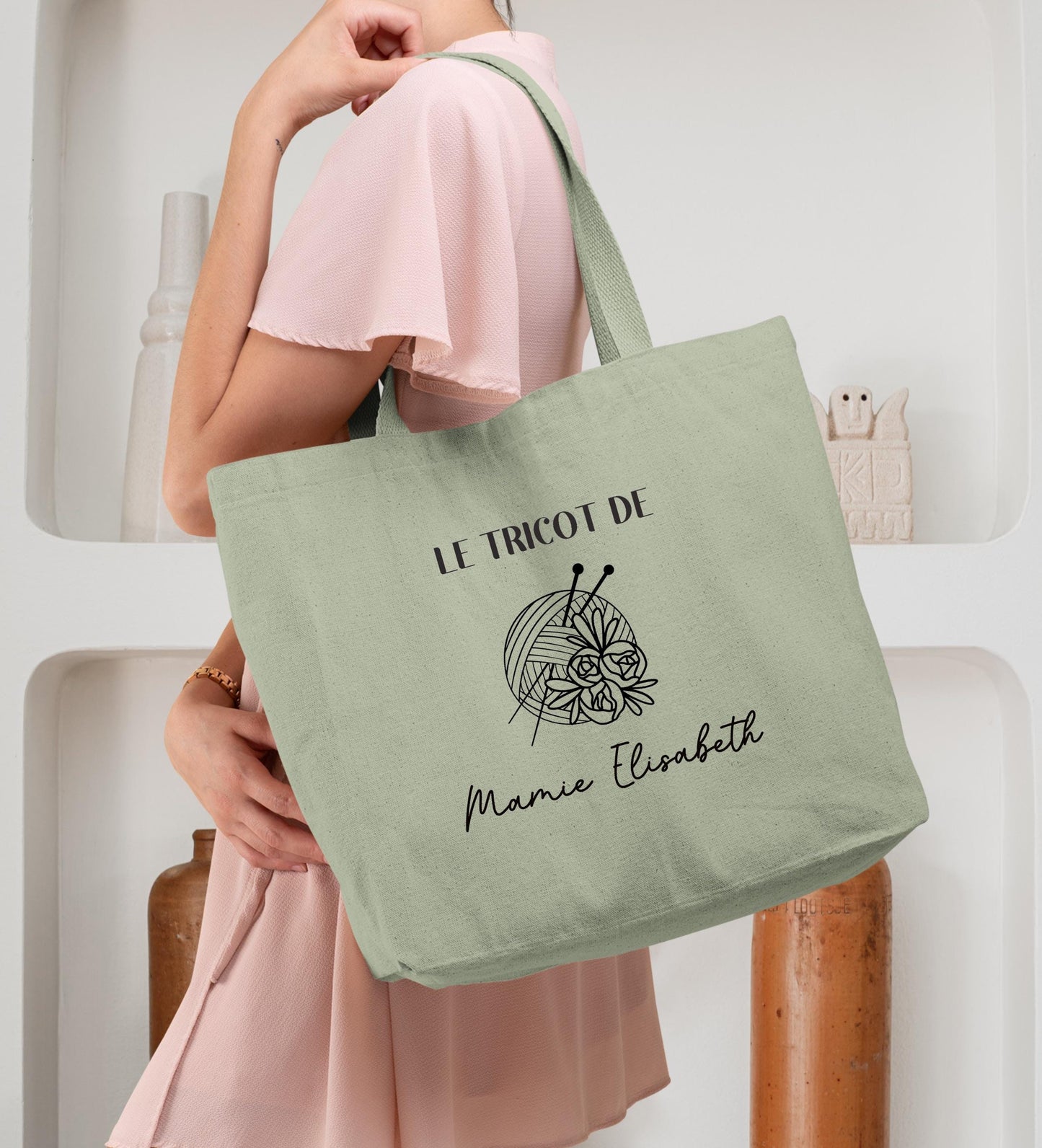 Cabas Personnalisé en coton, Sac fourre-tout, Cadeau mamie, Sac à tricot