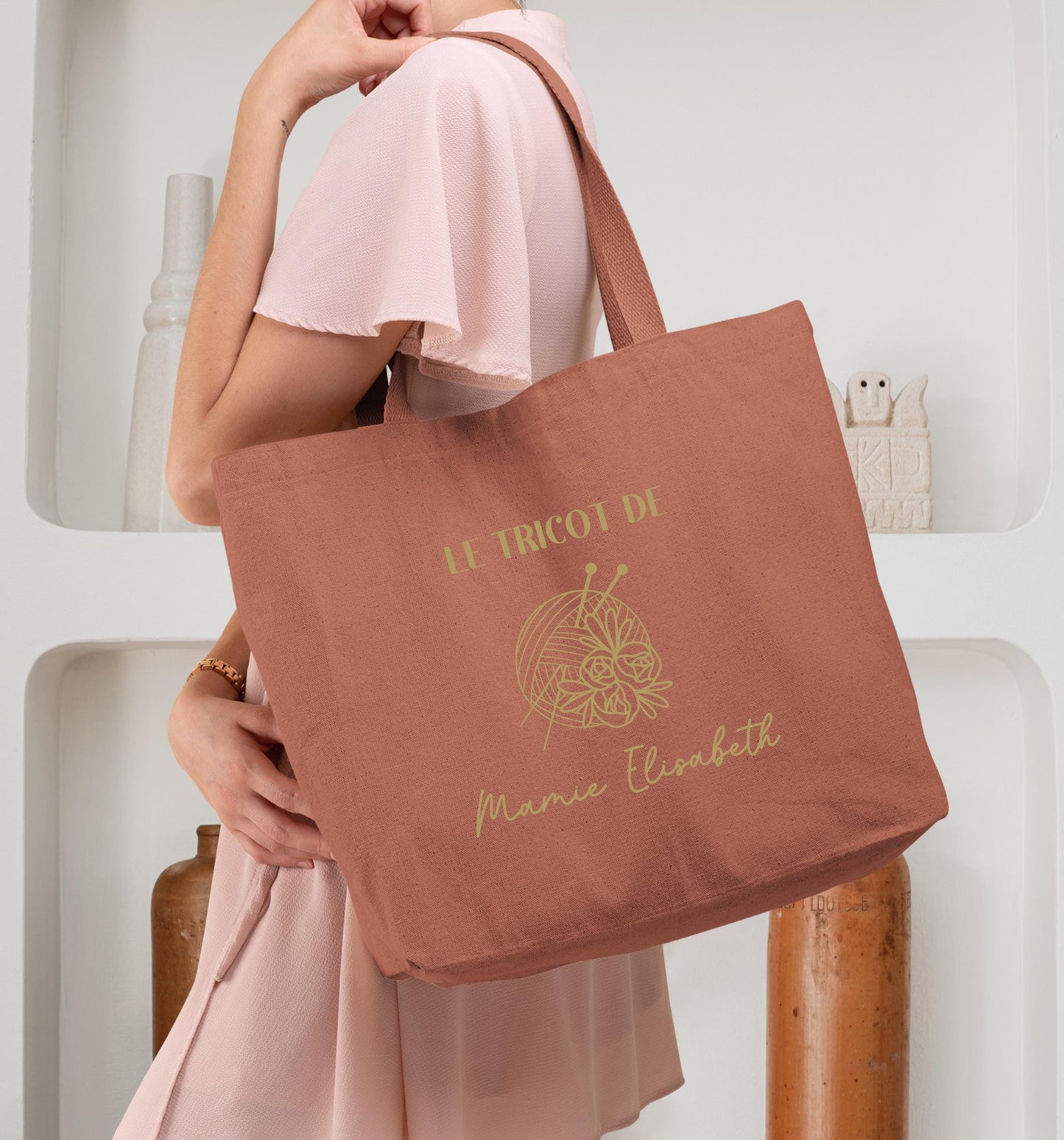 Cabas Personnalisé en coton, Sac fourre-tout, Cadeau mamie, Sac à tricot