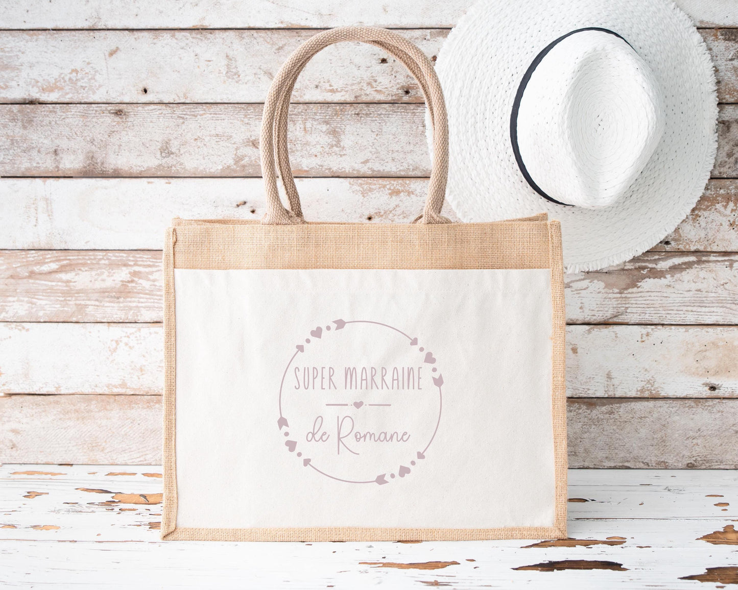 Sac en jute et coton personnalisé, sac cabas personnalisé, Cabas en toile de jute, Sac personnalisé, Cadeau Marraine