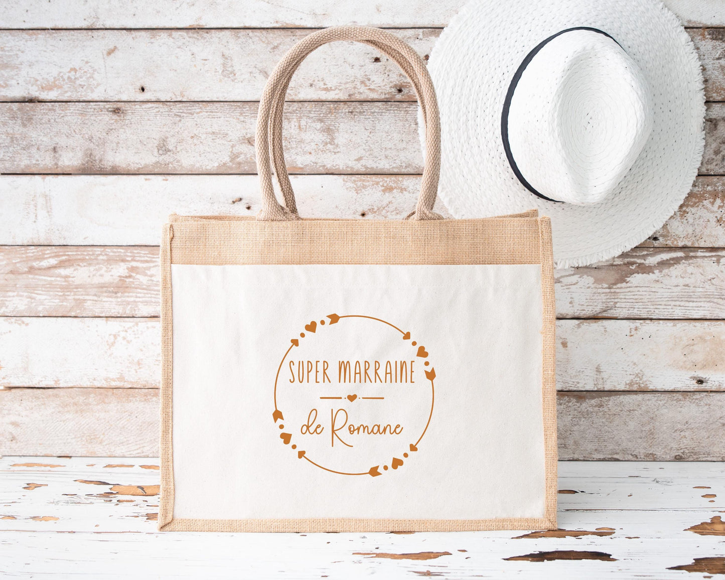 Sac en jute et coton personnalisé, sac cabas personnalisé, Cabas en toile de jute, Sac personnalisé, Cadeau Marraine