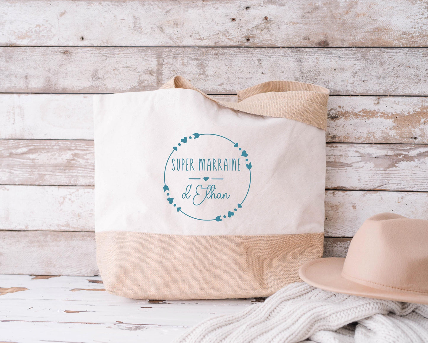 Sac en jute et coton personnalisé, sac cabas personnalisé, sac XL, grand sac personnalisable, Sac de course, Sac de plage, Cadeau Marraine