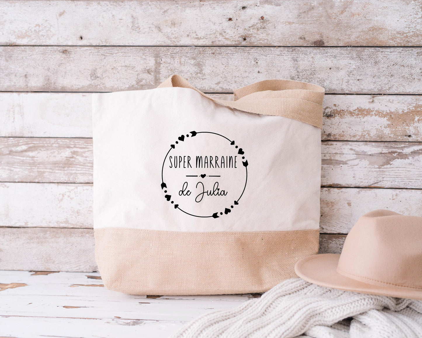 Sac en jute et coton personnalisé, sac cabas personnalisé, sac XL, grand sac personnalisable, Sac de course, Sac de plage, Cadeau Marraine