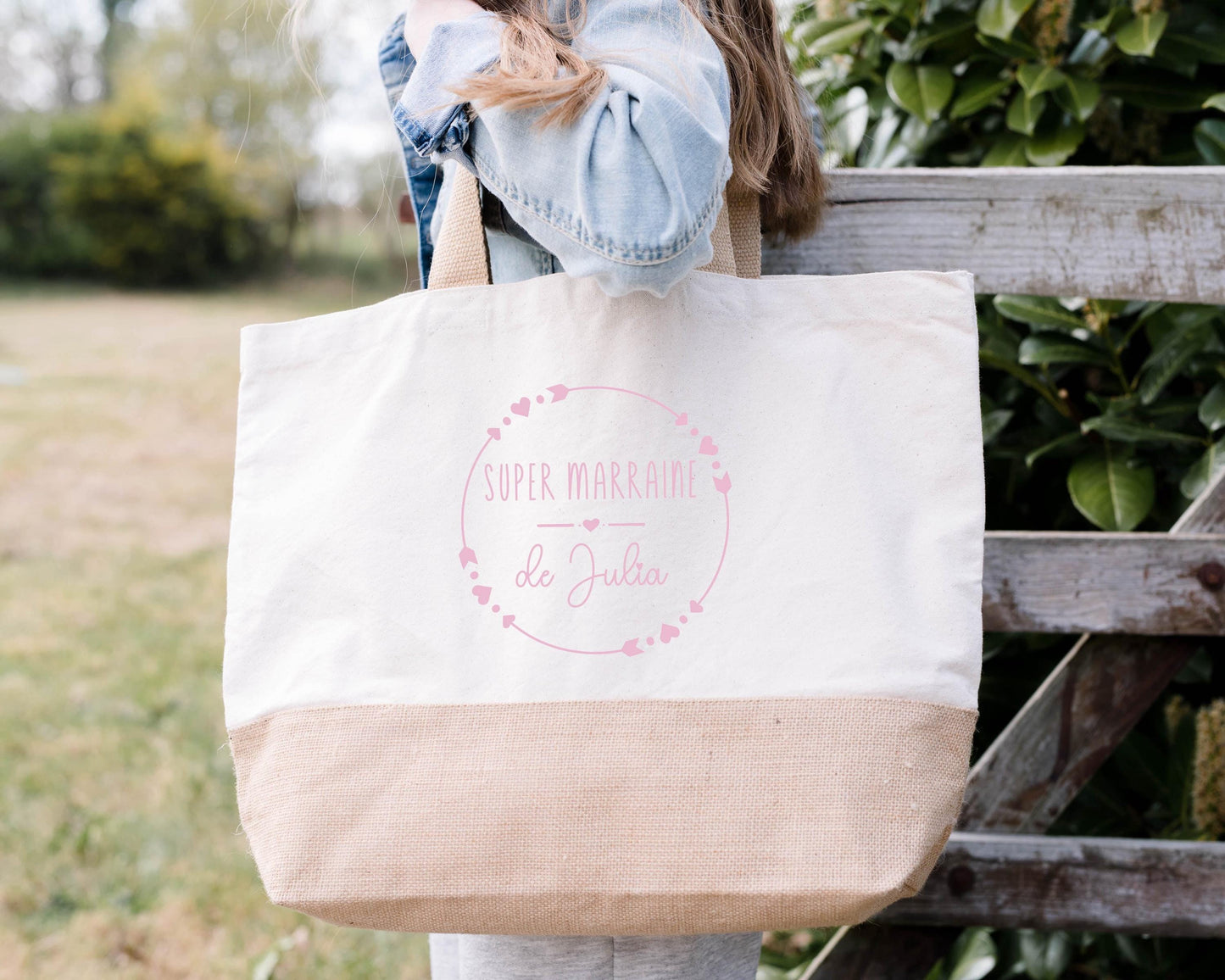 Sac en jute et coton personnalisé, sac cabas personnalisé, sac XL, grand sac personnalisable, Sac de course, Sac de plage, Cadeau Marraine