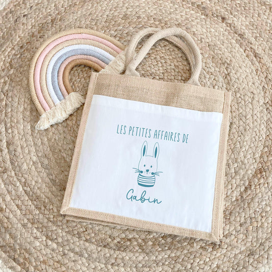 Sac Cabas toile et jute enfant personnalisé, Cadeau enfant prénom, Cadeau anniversaire enfant, Sac lapin