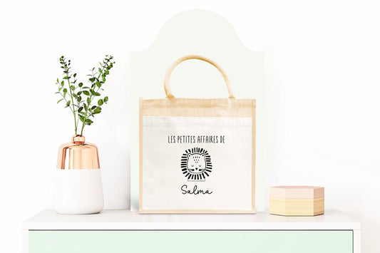 Sac Cabas toile et jute enfant personnalisé, Cadeau enfant prénom, Cadeau anniversaire enfant, Sac lion