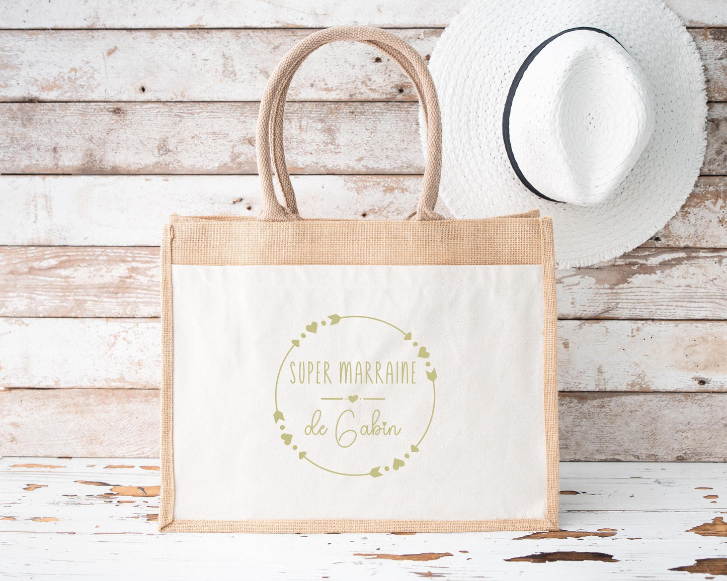 Sac en jute et coton personnalisé, sac cabas personnalisé, Cabas en toile de jute, Sac personnalisé, Cadeau Marraine